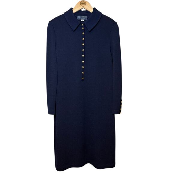 St. John Collection Marie Gray VTG Dress Santana Knit Button Collar Navy Size 12 - Picture 1 of 7